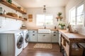 Farmhousestyle Laundry Room With Farmhouse Sink And Rustic Shelving Modern Farmhouse Interior Design. Generative AI