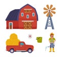 Farming and Agriculture with Barn House, Windmill, Hay and Woman Farmer Vector Set