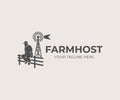 Farming and agriculture, farmer sitting on fence on background aermotor windmill, logo design. Farm and agricultural, vector desig