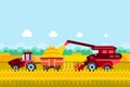 Farming and agriculture harvesting concept. Vector illustration of combine and tractor on wheat or corn cereal field.