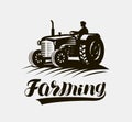 Farming, agriculture logo or label. American retro farm tractor icon. Vector illustration Royalty Free Stock Photo