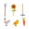 Farming and Agriculture with Pitchfork, Sunflower, Rake, Hen, Chick and Carrot Vector Set