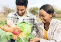 Farming, agriculture and team of farmers with vegetables, happy with harvest, crops and natural produce. Sustainability