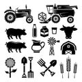 Farming and agriculture, tractor and combine big set of back vector objects or design elements isolated on white
