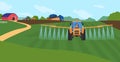 Farming agriculture vector illustration, cartoon flat agricultural agrarian sprinkler tractor watering organic farm Royalty Free Stock Photo