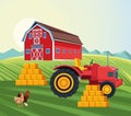 Farming barn traactor stacked hay hen chicken and rooster field
