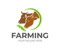 Farming, cattle-breeding, stock raising and cows eat hay in circle, logo design. Animal and pet, farm, agricultural and agricultur