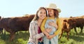 Farming, child and mother with kiss on a farm during holiday in Spain for sustainability with cattle. Portrait of happy