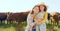 Farming, child and mother with kiss on a farm during holiday in Spain for sustainability with cattle. Portrait of happy