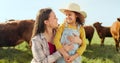 Farming, child and mother with kiss on a farm during holiday in Spain for sustainability with cattle. Portrait of happy