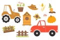 Farming collection. Tractor and car truck, potted seedlings, beehive, sunflower, straw hat and pumpkin, carrot bed