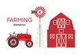 Farming elements. Red barn, tractor, windmill. Flat vector elements.