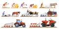 Farming evolution. Animal plowing plough, history timeline agriculture, ancient farmer with primitive tools machining