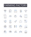 Farming factory line icons collection. Automobile plant, Meat factory, Fishery plant, Textile mill, Power station, Paper