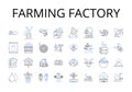 Farming factory line icons collection. Automobile plant, Meat factory, Fishery plant, Textile mill, Power station, Paper