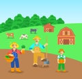 Farming family in farm field flat background