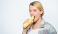 Farming, farmer girl with maize. corn crop. vitamin and dieting food. agriculture and cultivation. healthy teeth. Happy Royalty Free Stock Photo