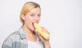 Farming, farmer girl with maize. corn crop. vitamin and dieting food. agriculture and cultivation. healthy teeth. Happy Royalty Free Stock Photo