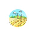 Farming field vector flat illustration in linear design. The wheat and farm landscape isolated on white background. Eco