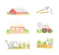 Farming, gardening and agriculture objects set. Barn, farmhouse, tractor, seedlings and tools vector illustration Royalty Free Stock Photo