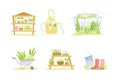 Farming, gardening and agriculture objects set. Greenery, potted, plants, wheelbarrow, rubber boots and bucket vector