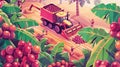 Farming and harvesting isometric banner, farmers working on fields and collecting crops, people using tractors and