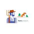 Farming industry, farmer with fork, farm house, country side Royalty Free Stock Photo