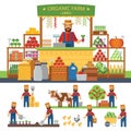 Farming infographic elements. Cultivation of organic products on the farm. Farmer produce shopkeeper. Fresh fruits and