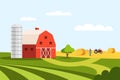 Farmland with farmhouse barn and green field vector