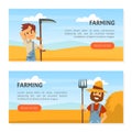 Farming landing page templates set. Male farmers with working tools. Farm industry, gardening web page cartoon vector