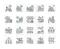 Farming landscape line icons. Rural houses, planting vegetables and wheat fields, cultivated crops. Agriculture