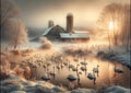 Farming Landscape Scene Swans Weathered Barn Snowy Winter Farmyard Sunrise Country AI Generated