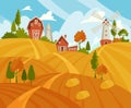 Farming landscape. Vector illustration with barn, houses and country yard. American farm in the summer.