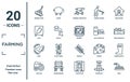 farming linear icon set. includes thin line farming fork, sack, seed, tractor, hose, barrell, farmer boots icons for report,