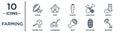 farming linear icon set. includes thin line legume, carrots, harvest, lawnmower, riddle tool, watering, chicken coop icons for