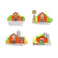 Farming logo collection in line design. Farm barns, farmhouses, windmill vector flat illustration isolated on white