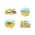 Farming logo collection in line design. Farm landscapes, barn, tractor, cropfield vector flat illustration isolated on