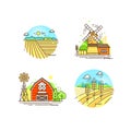 Farming logo collection in line design. Farm landscapes, barn, windmill, cropfield vector flat illustration isolated on Royalty Free Stock Photo