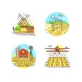 Farming logo collection in line design. Farm landscapes, barn, windmill, cropfield, wheat vector flat illustration Royalty Free Stock Photo