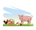 Farming pig and rooster with basket filled fruits and vegetables