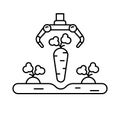 Farming robot. Line art icon of automatic harvesting. Illustration of pulling carrots from ground. Contour isolated vector of