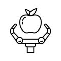 Farming robot logo. Linear icon of apple and robotic claw. Black simple illustration of automation, harvesting machinery,