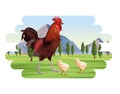 Farming rooster and chicks in the field mountains landscape
