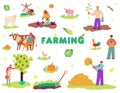 Farming set with people and animals characters vector illustration isolated. Royalty Free Stock Photo