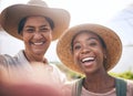 Farming, smile and selfie of women in greenhouse, sustainable small business and agriculture. Portrait of happy friends Royalty Free Stock Photo