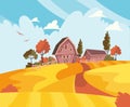 Farming summer landscape. Vector illustration with barn, houses and country yard. American farm in the summer.