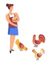 Farming woman feeding hens and rooster isolated vector Royalty Free Stock Photo