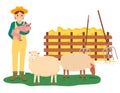 Farming Woman Holding Pig by Sheep Farm Vector