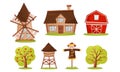 Farming Wooden Stuff with Flouring Mill and Farm House Vector Set Royalty Free Stock Photo