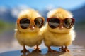 Farmings youngest, small chick dons sunglasses, soft and charming Royalty Free Stock Photo